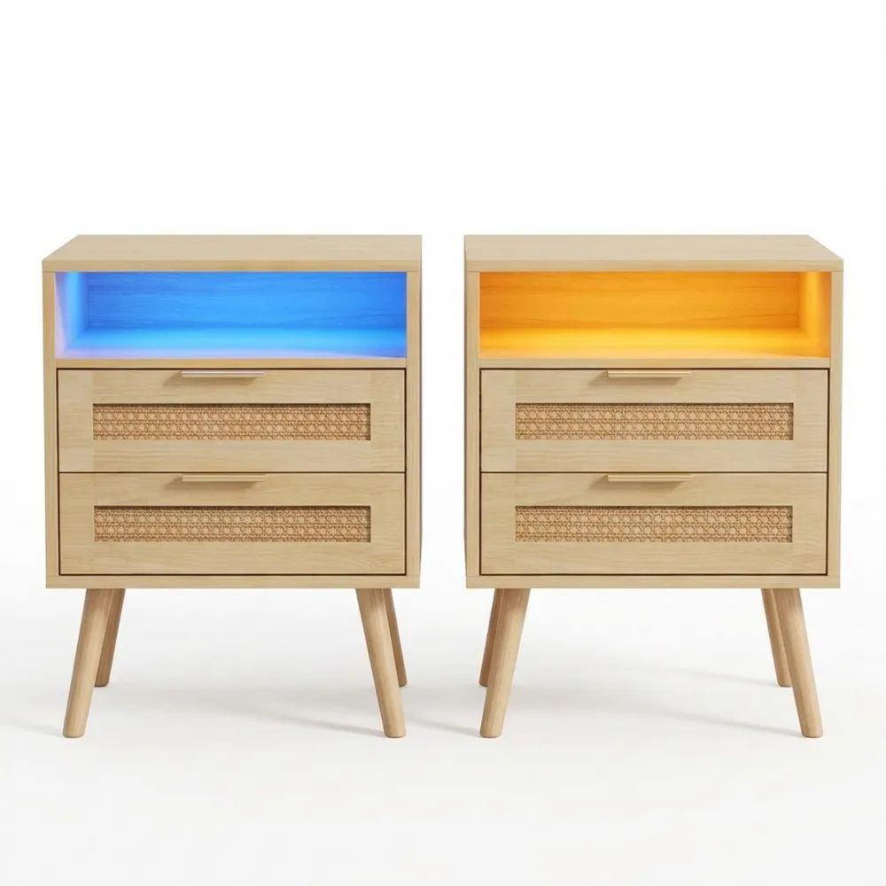 Rattannachttisch-Set mit LED-Beleuchtung und Steckdose, verstellbare Farben, offenes Fach und 2 Schubladen, Holzbeine