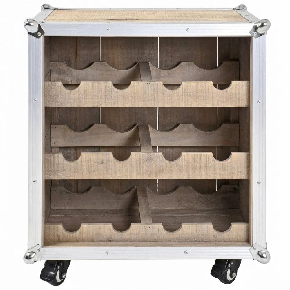 Industrielles Weinregal mit Rollen für 12 Flaschen, Aluminium und Kiefernholz