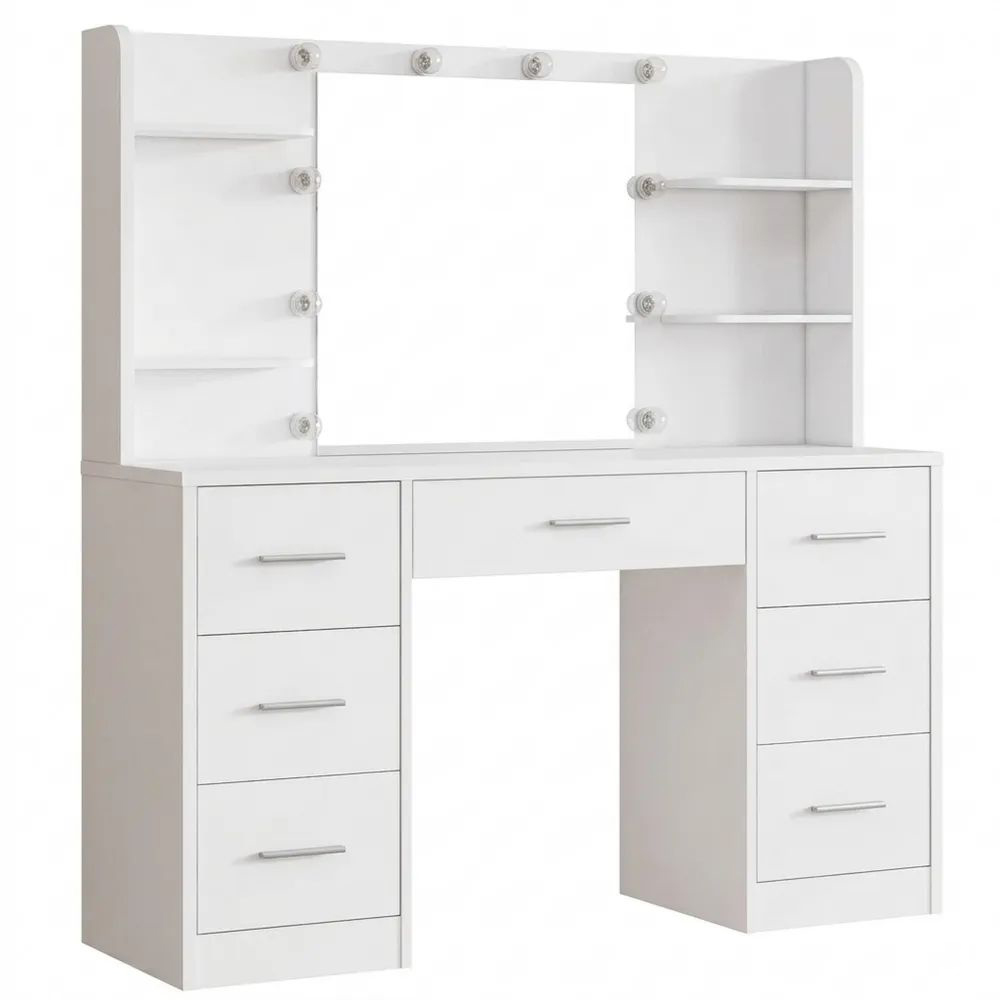Schminktisch mit LED-Beleuchtung, Spiegel und Stauraum, Weiß