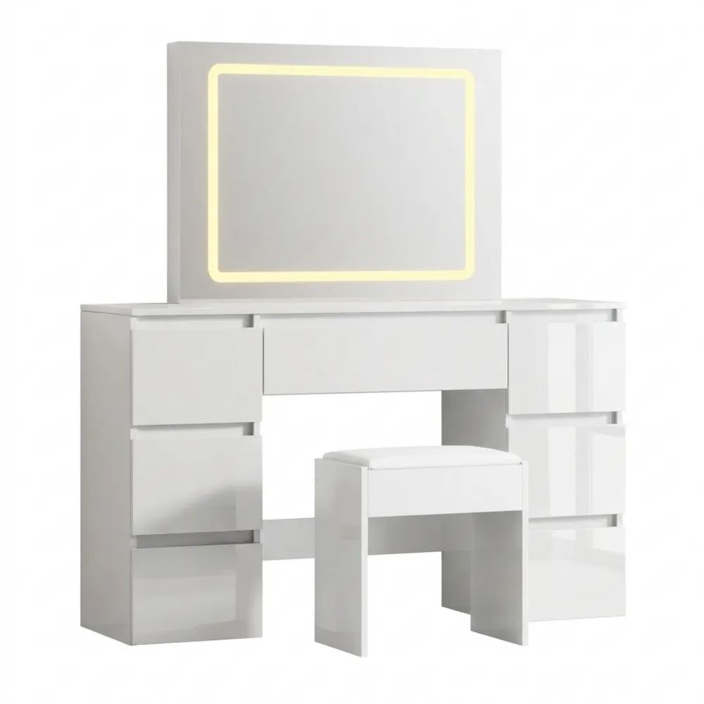 Moderner Schminktisch mit LED und Hocker, 7 Schubladen