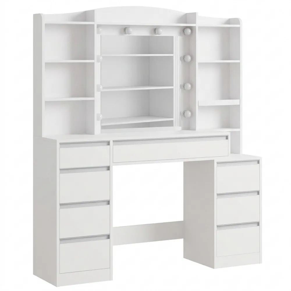 Moderner Frisiertisch mit Spiegel und LED-Beleuchtung, 8 Schubladen, Schmuckfach, 100 cm Arbeitsfläche