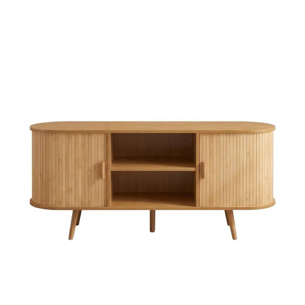 Schiebeschrank aus Bambus mit Stauraum und Holzfüßen, 140 x 40 x 56 cm