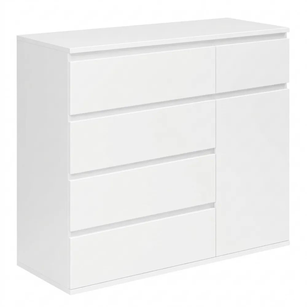 Weiße Kommode mit 5 Schubladen und Tür für vielseitige Räume
