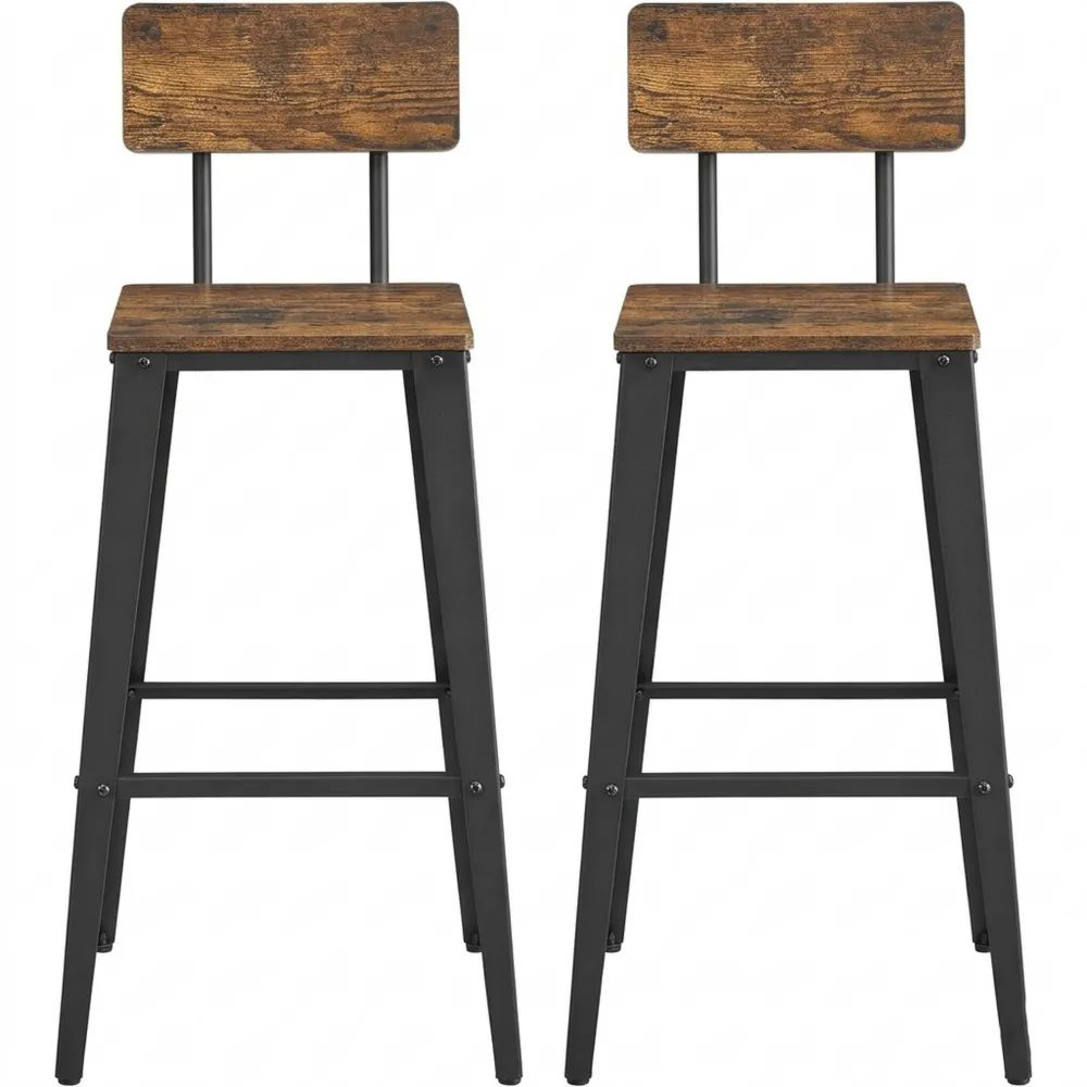 Industrie-Design Barhocker im 2er Set mit Rückenlehne und Stahlgestell, einfache Montage, Vintage-Braun & Schwarz