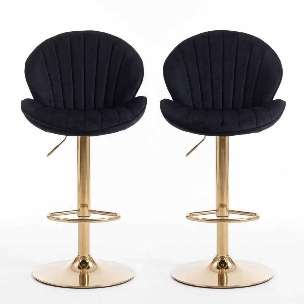 Höhenverstellbarer Barhocker im 2er-Set mit Lehne, Samt, Schwarz