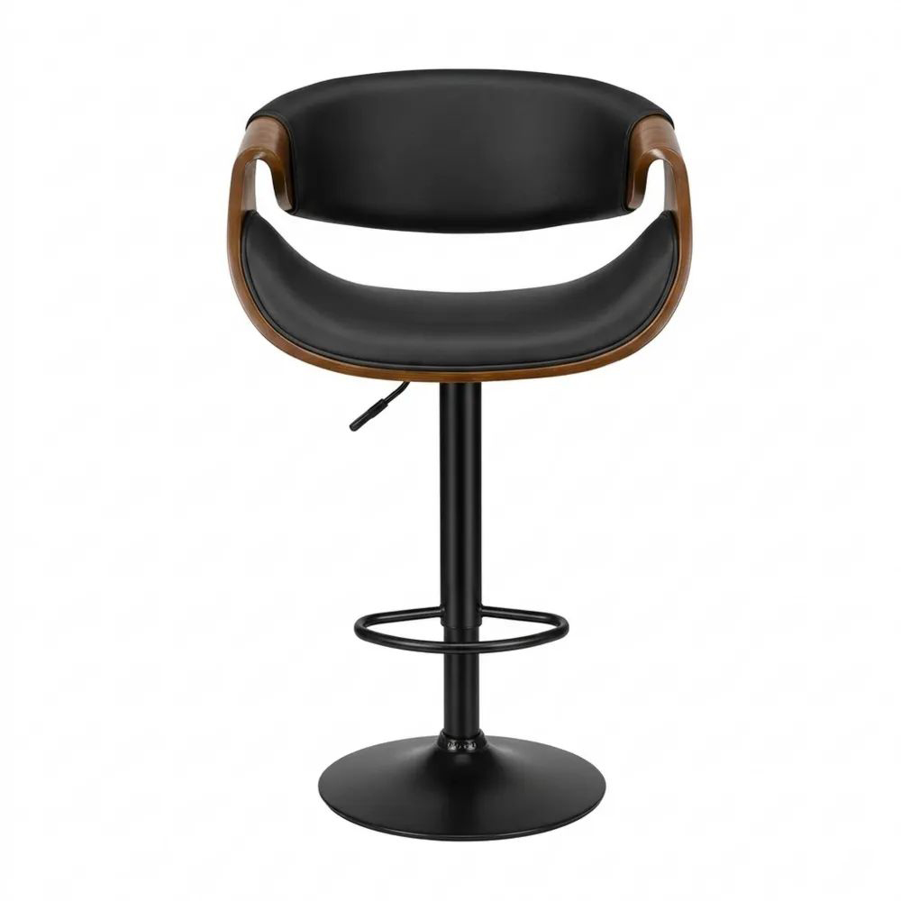 Höhenverstellbarer Drehhocker mit Holzlehne und Kunstlederbezug