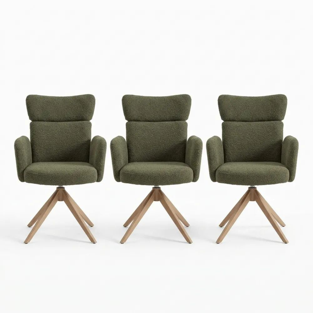 Esszimmerstuhl-Set drehbar, Bouclé-Stoff, grün, Holz-Optik