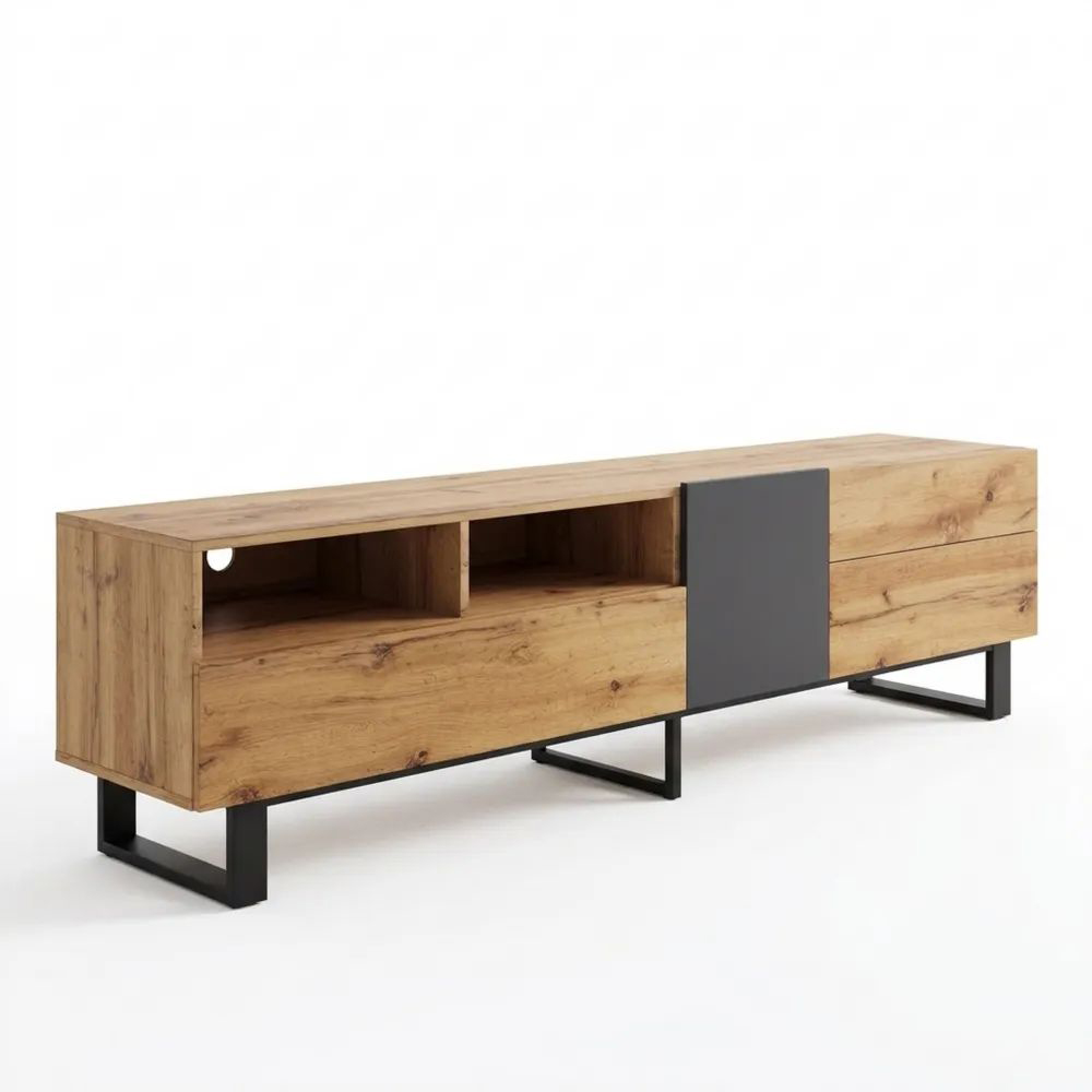 Fernsehtisch aus Wildeiche mit Schubladen und Fächern, Vintage-Stil, 180 cm