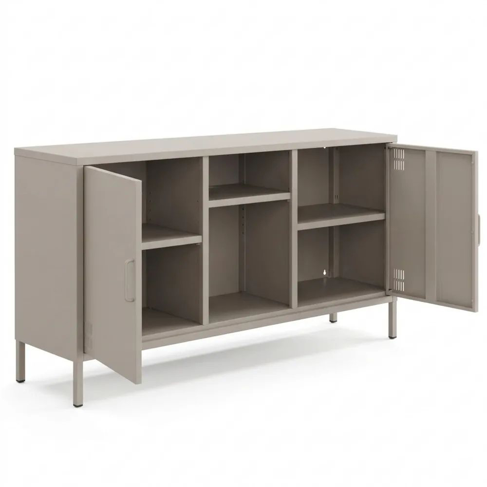 Elegantes TV-Lowboard aus Metall mit verstellbaren Ablagen und Türen