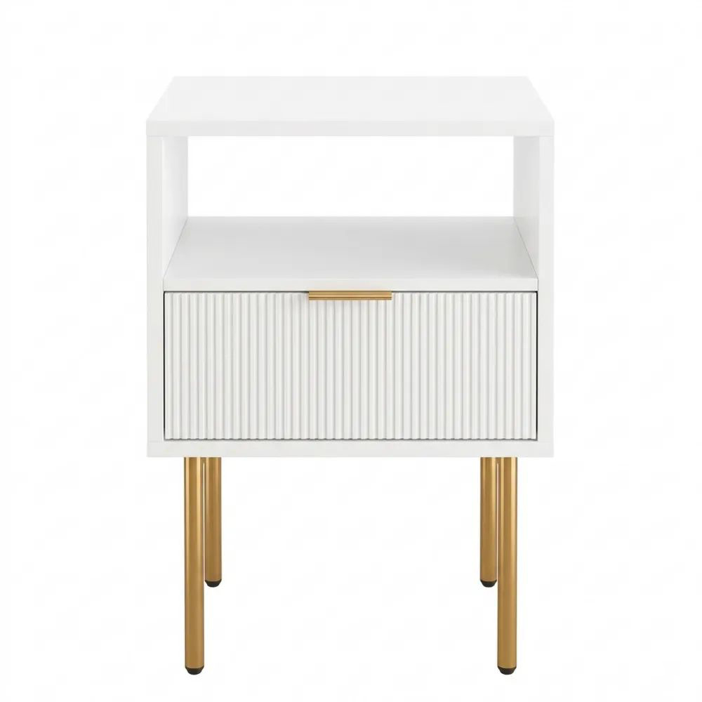 Moderner Nachttisch mit Schublade und offener Ablage in Weiß-Gold