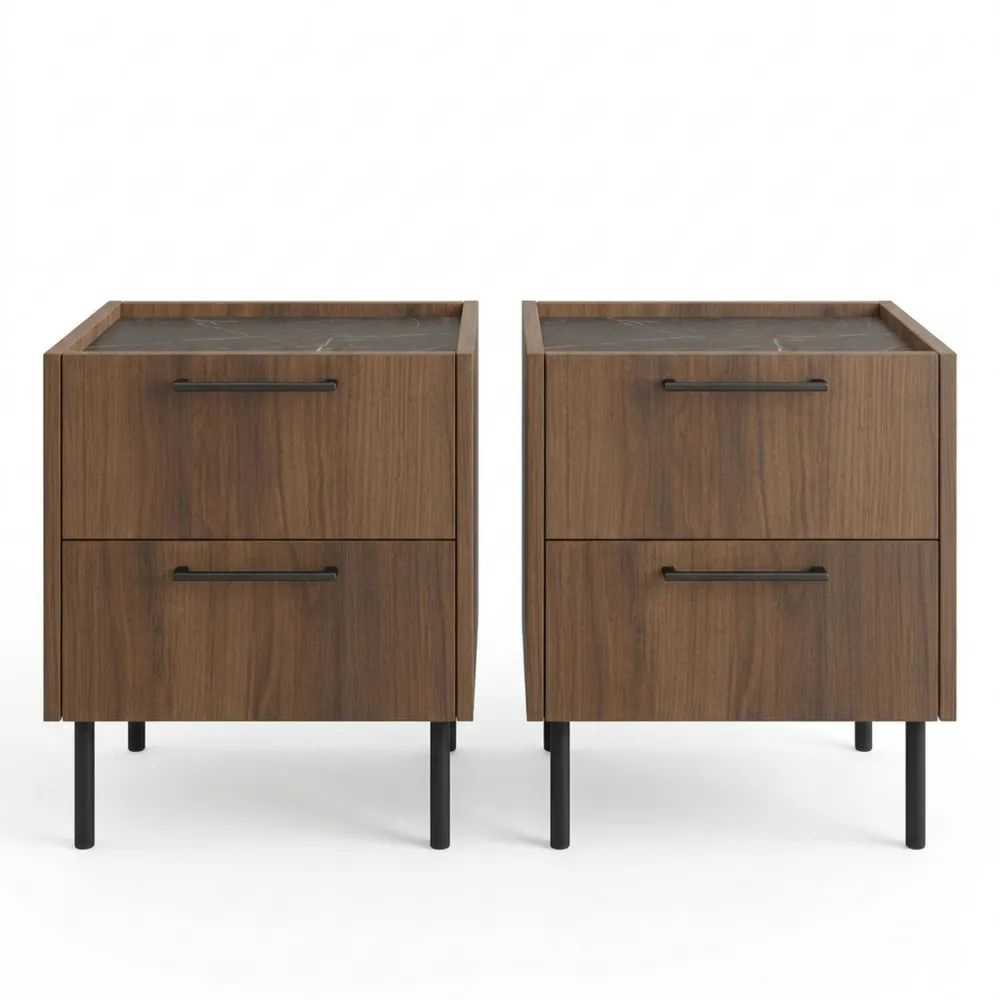 Nachttisch mit 2 Schubladen und Metallfüßen in Nussbaum und Schwarz