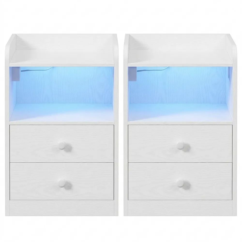 Beistelltisch mit Steckdose und LED, USB & Typ-C Anschluss, 2 Schubladen, Weiß