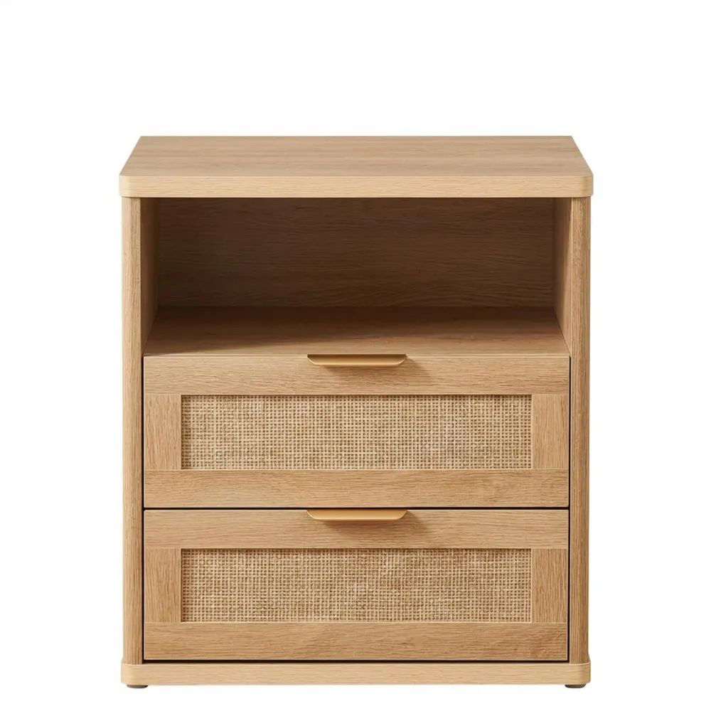 Rattan-Nachttisch mit 2 Schubladen und offenem Regal, aus Naturholz, ideal für Schlafzimmer oder Wohnzimmer