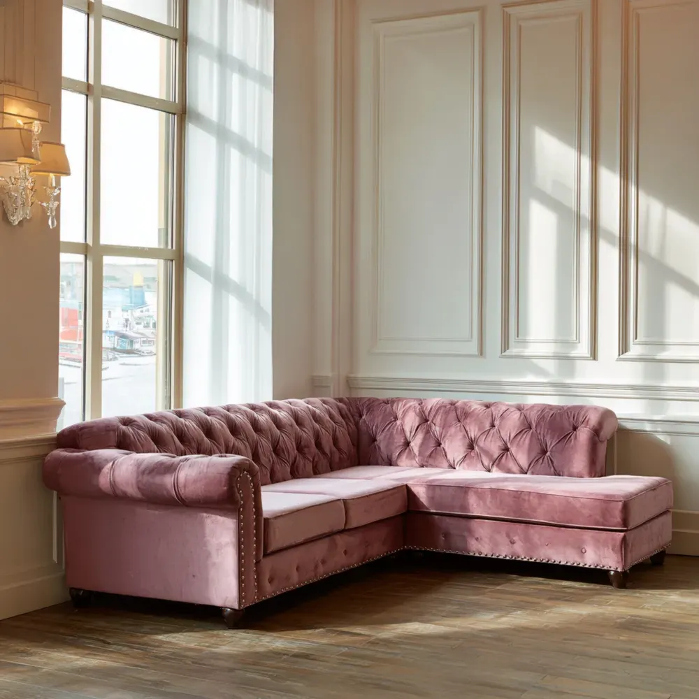Ecksofa Samt Rosa mit Knopfdetails