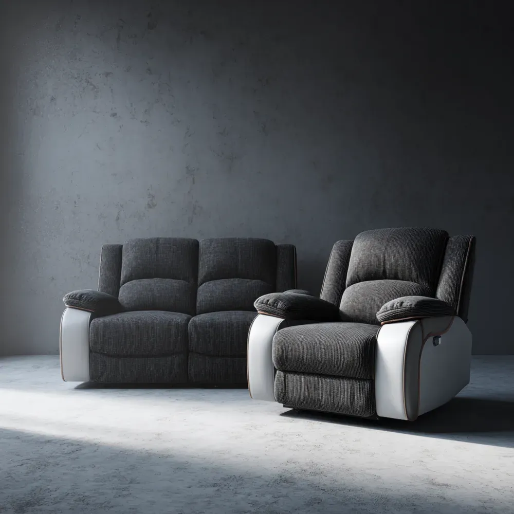 Sofa-Set 2+1 Sitzer Holzrahmen Stoffpolsterung - Dunkelgrau/Weiß