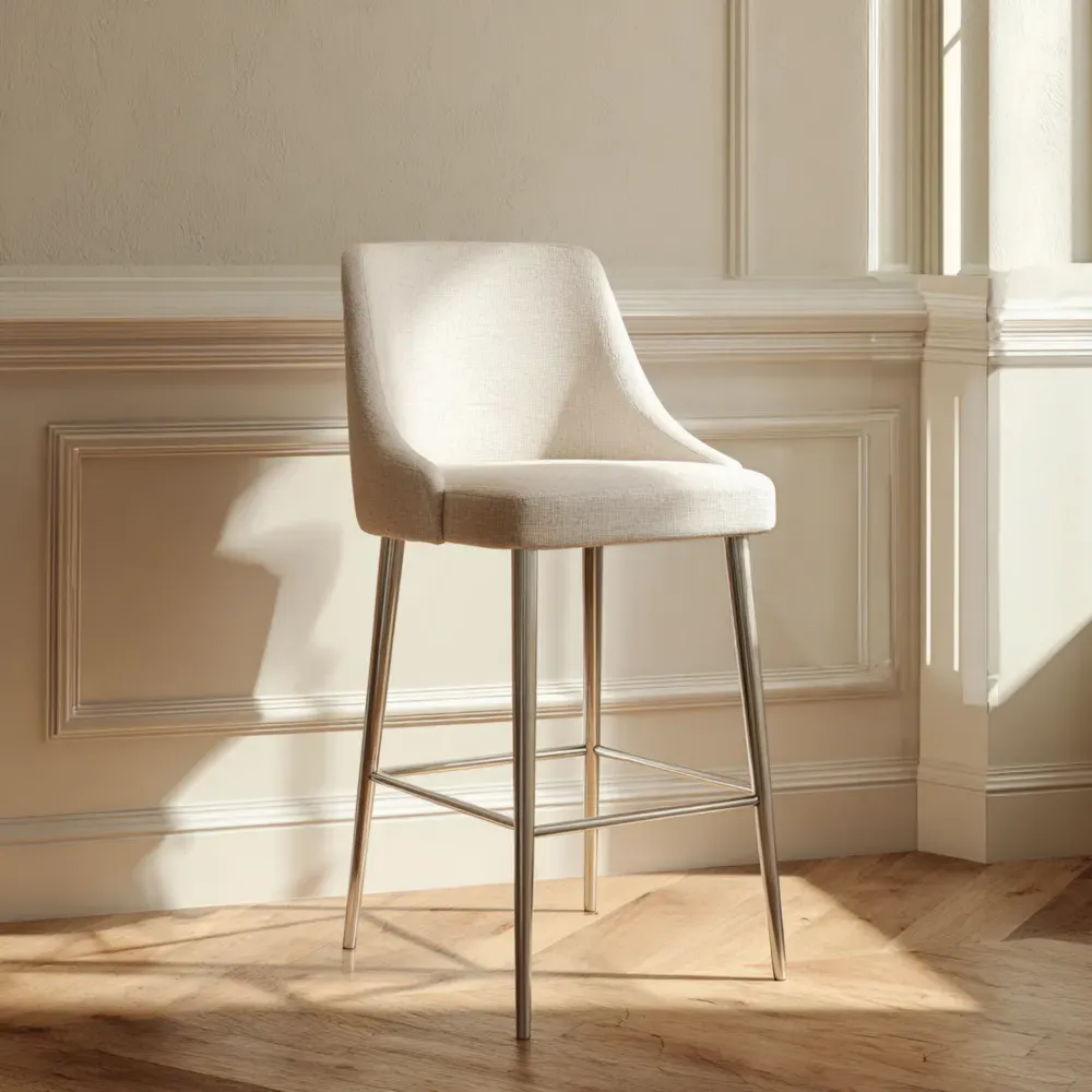 Barhocker aus Metall und Leinenstoff Creme