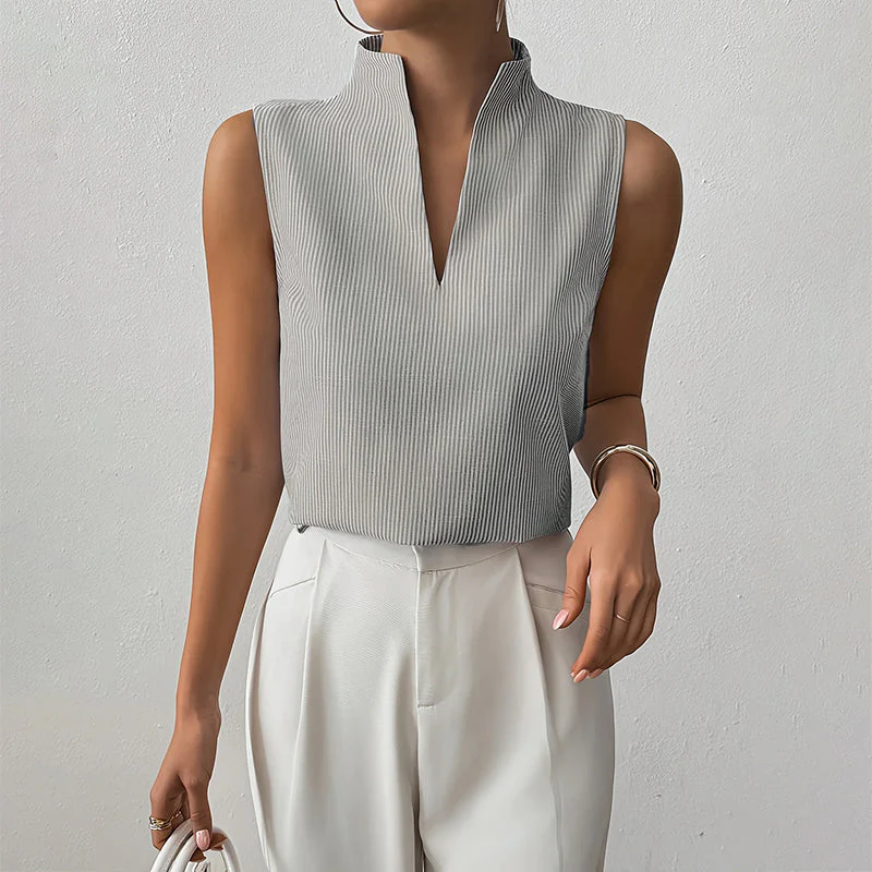 Chic Stand Collar V-Neck Sleeveless Blouse - Versatile Office & Casual Top