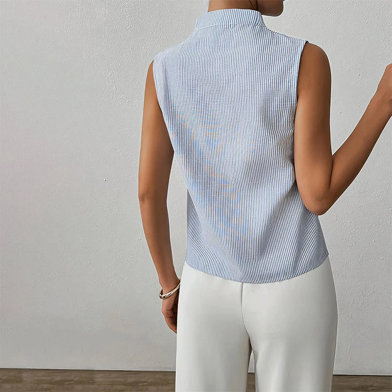 Chic Stand Collar V-Neck Sleeveless Blouse - Versatile Office & Casual Top