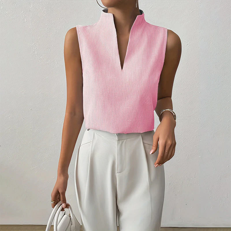 Chic Stand Collar V-Neck Sleeveless Blouse - Versatile Office & Casual Top