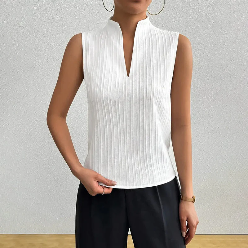 Chic Stand Collar V-Neck Sleeveless Blouse - Versatile Office & Casual Top