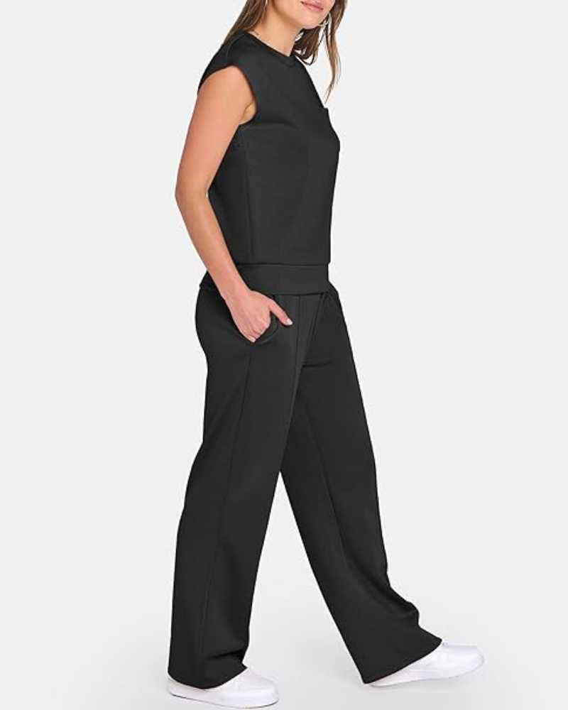 Women's Solid Tank Top & Drawstring Waist Wide Leg Pants Two-piece Set - Free Shipping