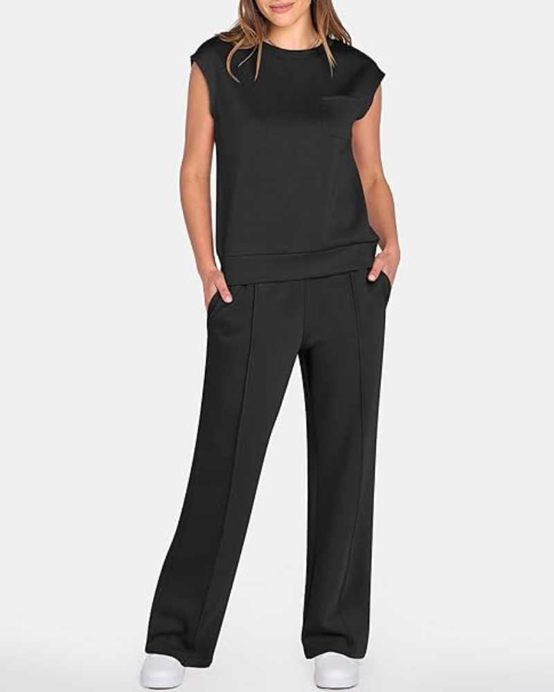 Women's Solid Tank Top & Drawstring Waist Wide Leg Pants Two-piece Set - Free Shipping