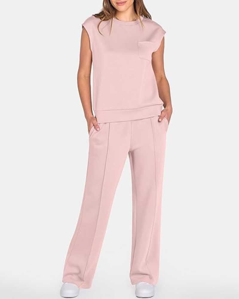 Women's Solid Tank Top & Drawstring Waist Wide Leg Pants Two-piece Set - Free Shipping