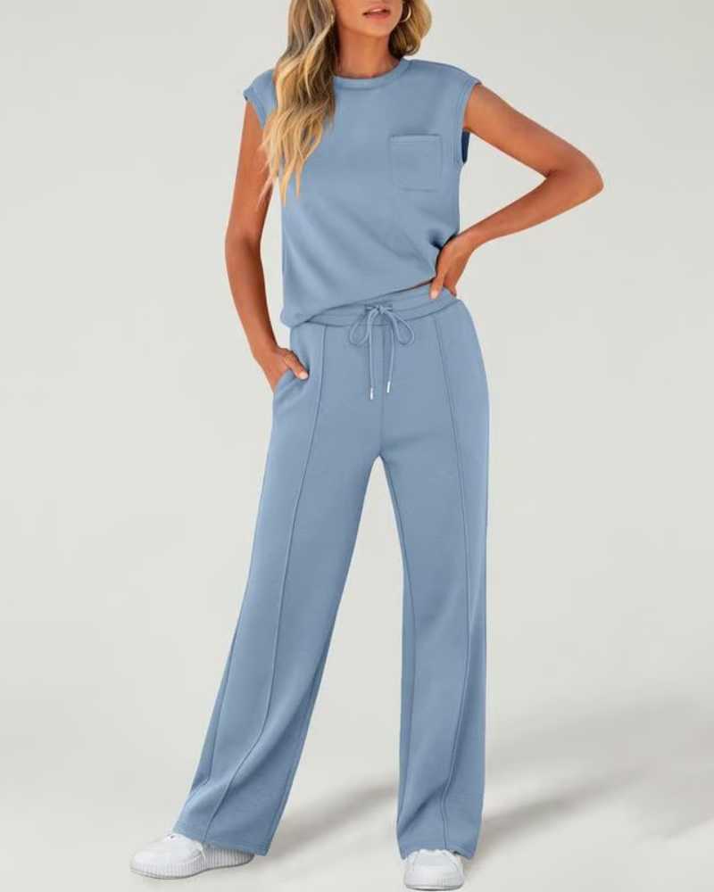 Women's Solid Tank Top & Drawstring Waist Wide Leg Pants Two-piece Set - Free Shipping