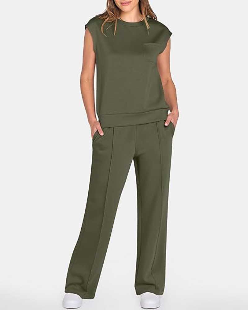 Women's Solid Tank Top & Drawstring Waist Wide Leg Pants Two-piece Set - Free Shipping