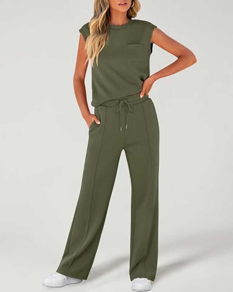 Women's Solid Tank Top & Drawstring Waist Wide Leg Pants Two-piece Set - Free Shipping