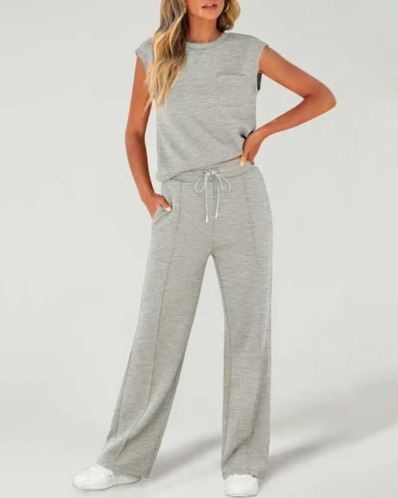 Women's Solid Tank Top & Drawstring Waist Wide Leg Pants Two-piece Set - Free Shipping
