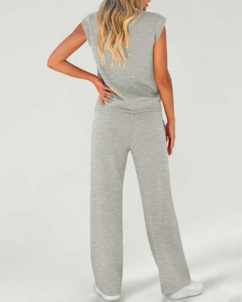 Women's Solid Tank Top & Drawstring Waist Wide Leg Pants Two-piece Set - Free Shipping