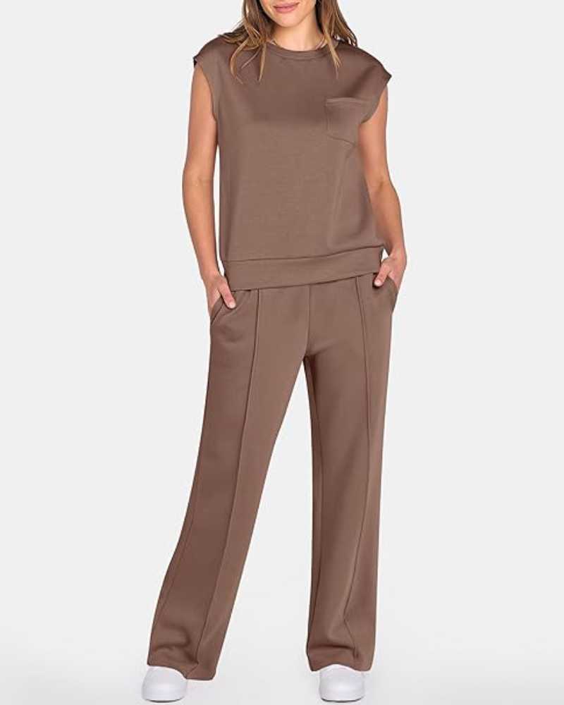 Women's Solid Tank Top & Drawstring Waist Wide Leg Pants Two-piece Set - Free Shipping