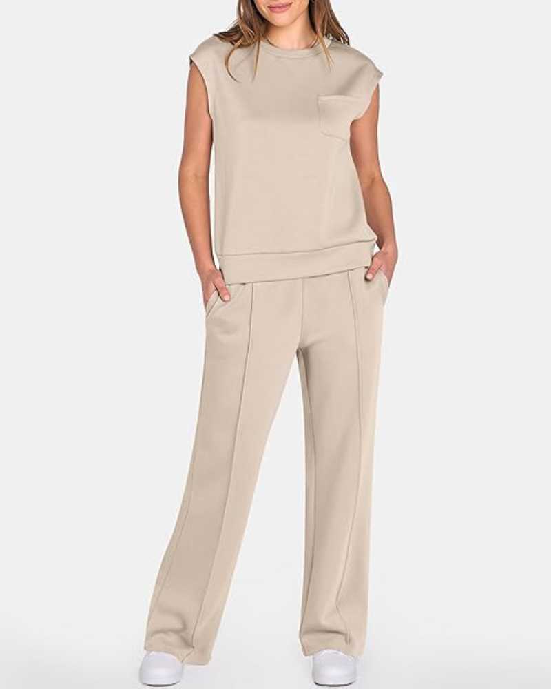 Women's Solid Tank Top & Drawstring Waist Wide Leg Pants Two-piece Set - Free Shipping