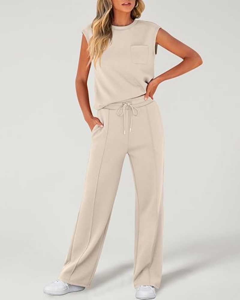 Women's Solid Tank Top & Drawstring Waist Wide Leg Pants Two-piece Set - Free Shipping