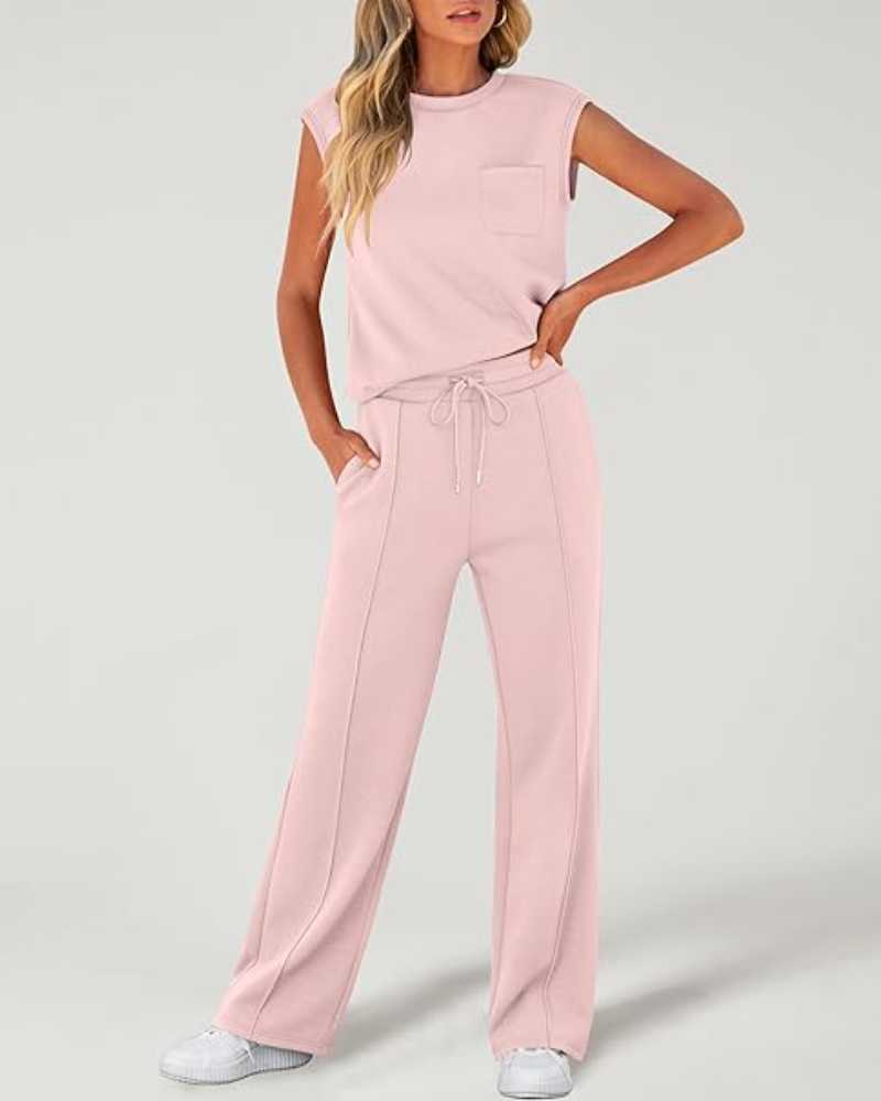 Women's Solid Tank Top & Drawstring Waist Wide Leg Pants Two-piece Set - Free Shipping