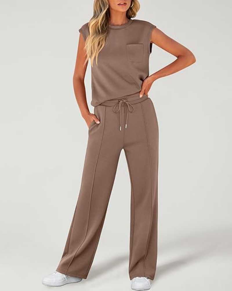 Women's Solid Tank Top & Drawstring Waist Wide Leg Pants Two-piece Set - Free Shipping