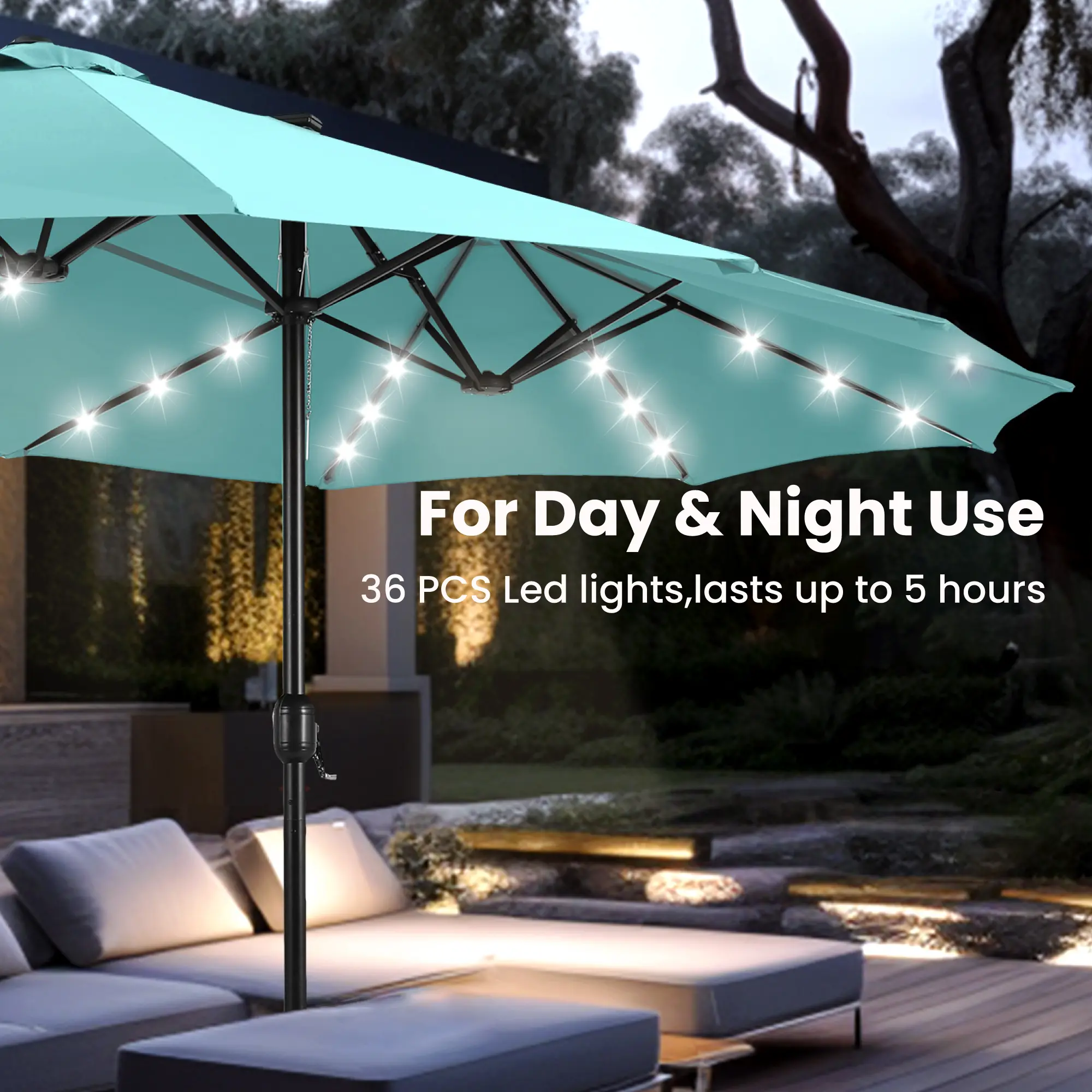 DealsForYouDays PHIVILLA 15ft Large Outdoor Patio Umbrella with Base &ndash; LED Light Option, Double-Sided, Crank Handle, Waterproof，Comes with Weighted Base and Sandbag, Accommodates 10 People, Great for Poolside, Garden, Lawn, Backyard, Deck and Beach