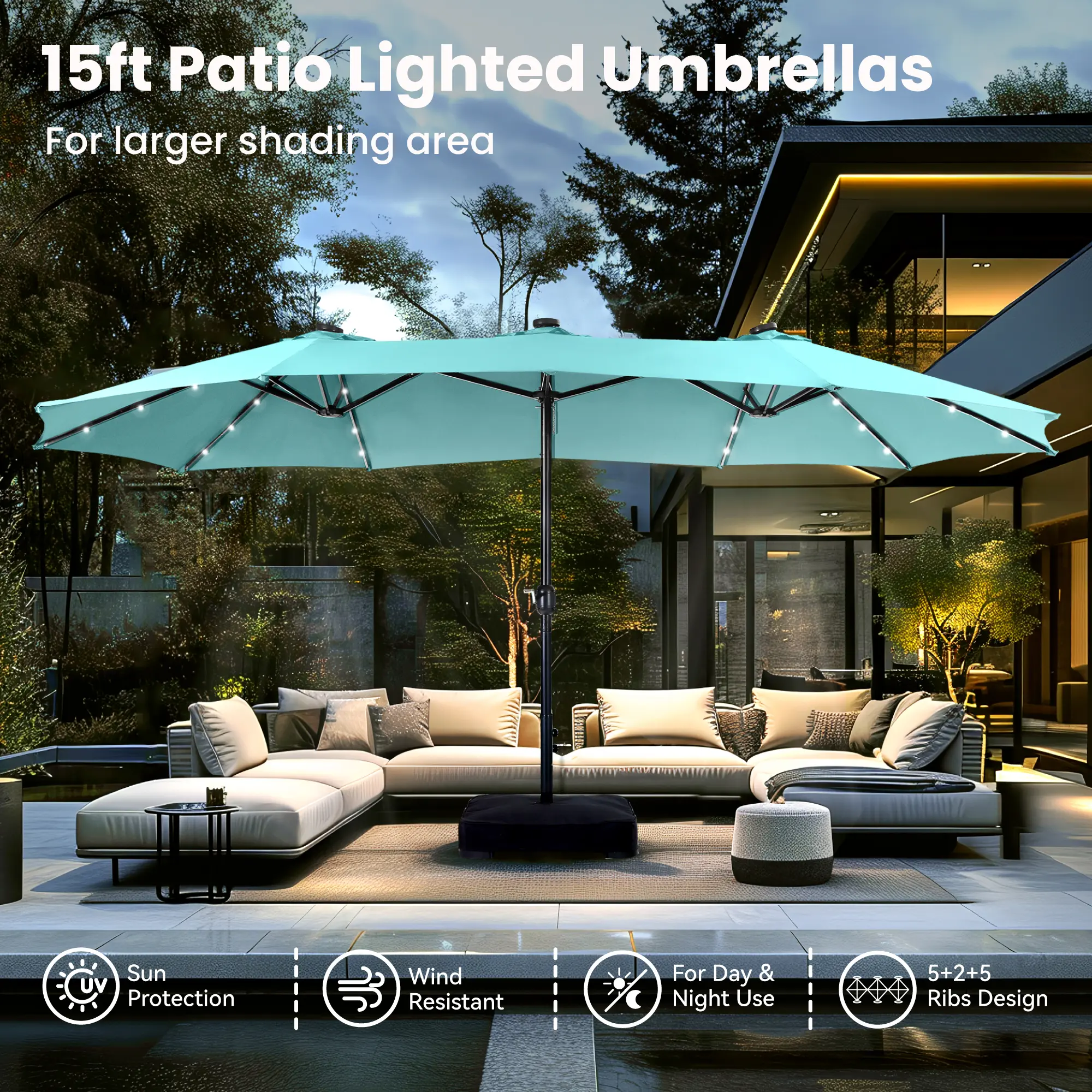 DealsForYouDays PHIVILLA 15ft Large Outdoor Patio Umbrella with Base &ndash; LED Light Option, Double-Sided, Crank Handle, Waterproof，Comes with Weighted Base and Sandbag, Accommodates 10 People, Great for Poolside, Garden, Lawn, Backyard, Deck and Beach