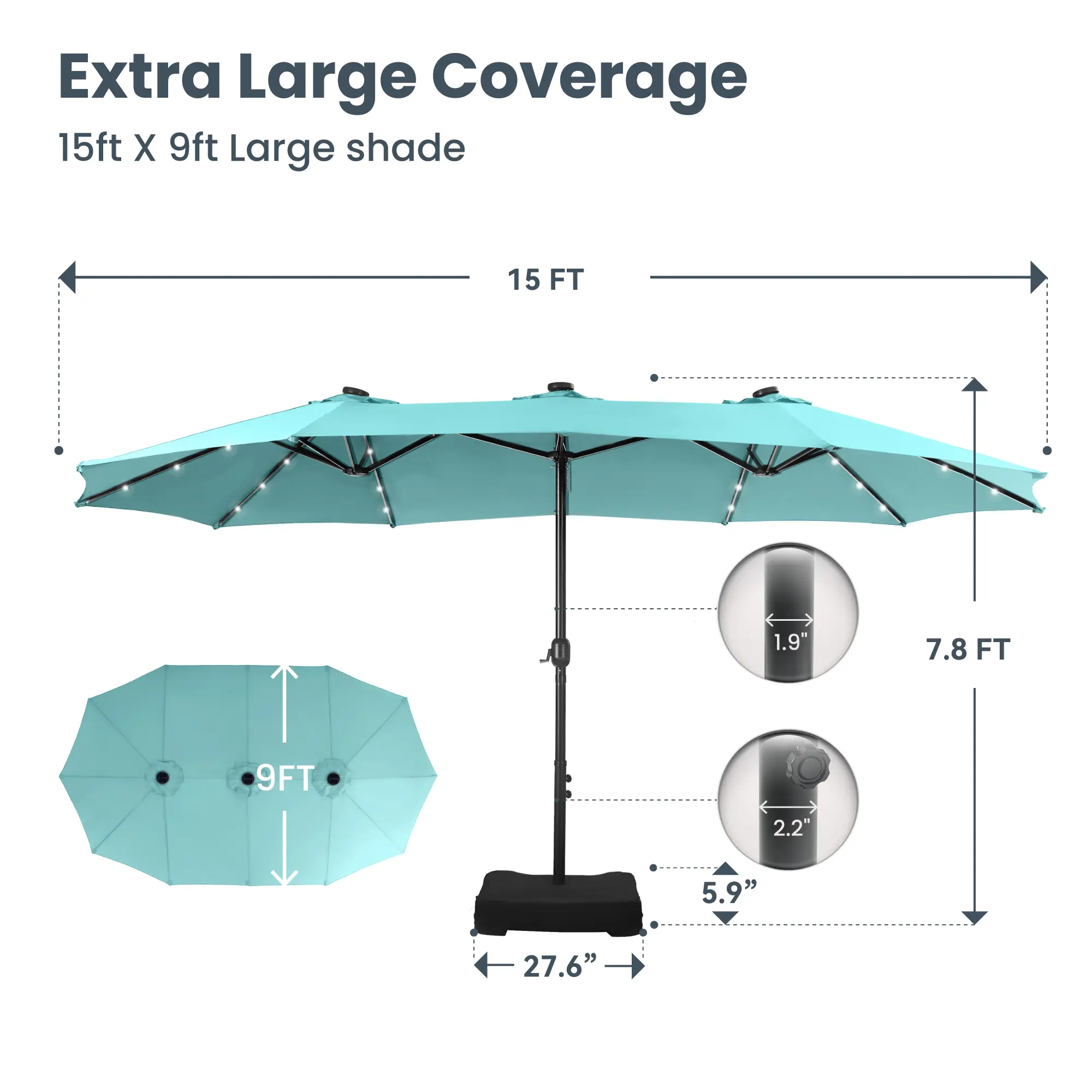 DealsForYouDays PHIVILLA 15ft Large Outdoor Patio Umbrella with Base &ndash; LED Light Option, Double-Sided, Crank Handle, Waterproof，Comes with Weighted Base and Sandbag, Accommodates 10 People, Great for Poolside, Garden, Lawn, Backyard, Deck and Beach