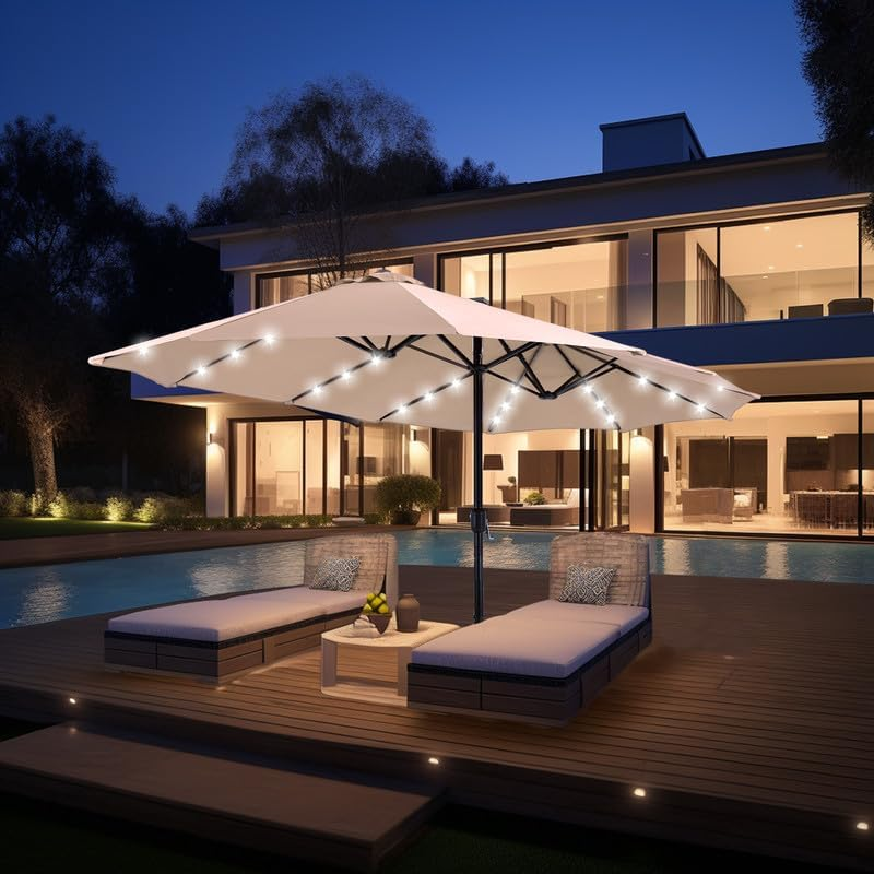 🎉Limited Time Promotion💝Buy 1 Get 1 Free ✨GREEN PARTY 15 ft Rectangle Patio Umbrella with Solar Lights and Base Included