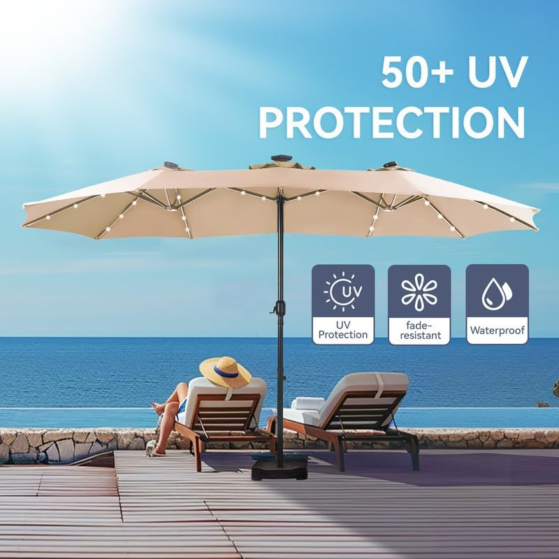 🎉Limited Time Promotion💝Buy 1 Get 1 Free ✨GREEN PARTY 15 ft Rectangle Patio Umbrella with Solar Lights and Base Included