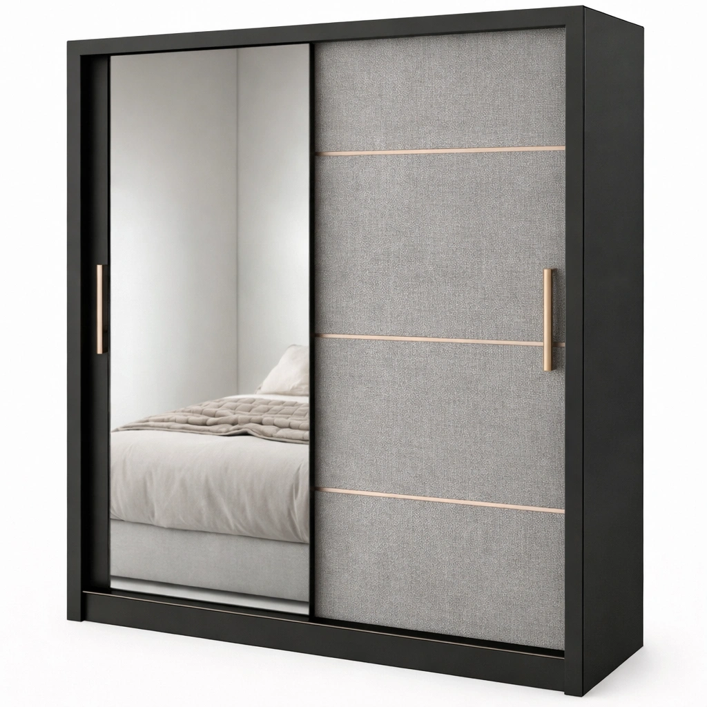 Armario corredero negro con espejo y panel textil-livunoa