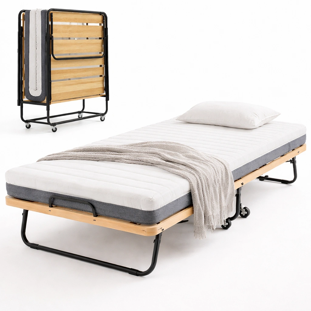 Cama plegable con ruedas estructura metal y madera-livunoa