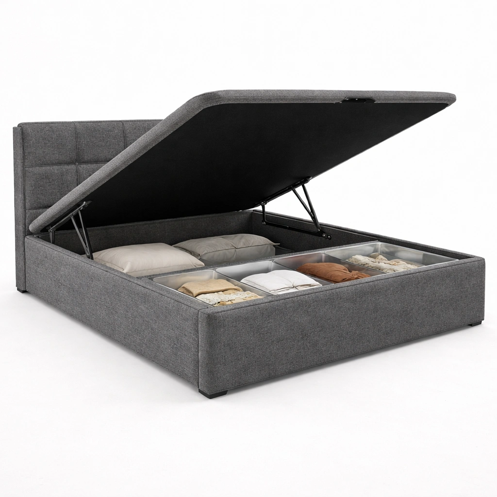 Cama con almacenamiento interior tapizada gris-livunoa