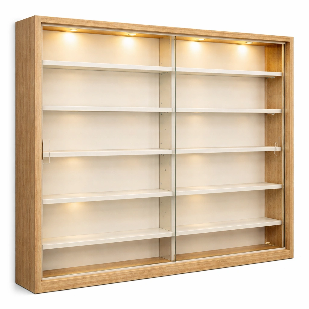 Vitrina amplia con puertas de cristal y estantes-livunoa