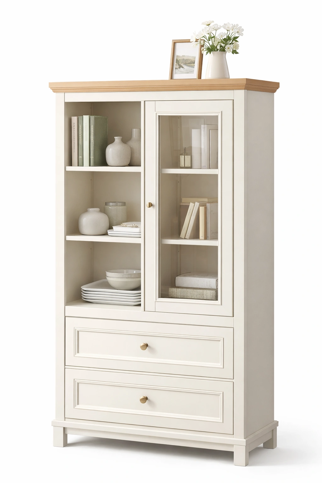 Armario vitrina clasico con cajones y puerta de cristal-livunoa