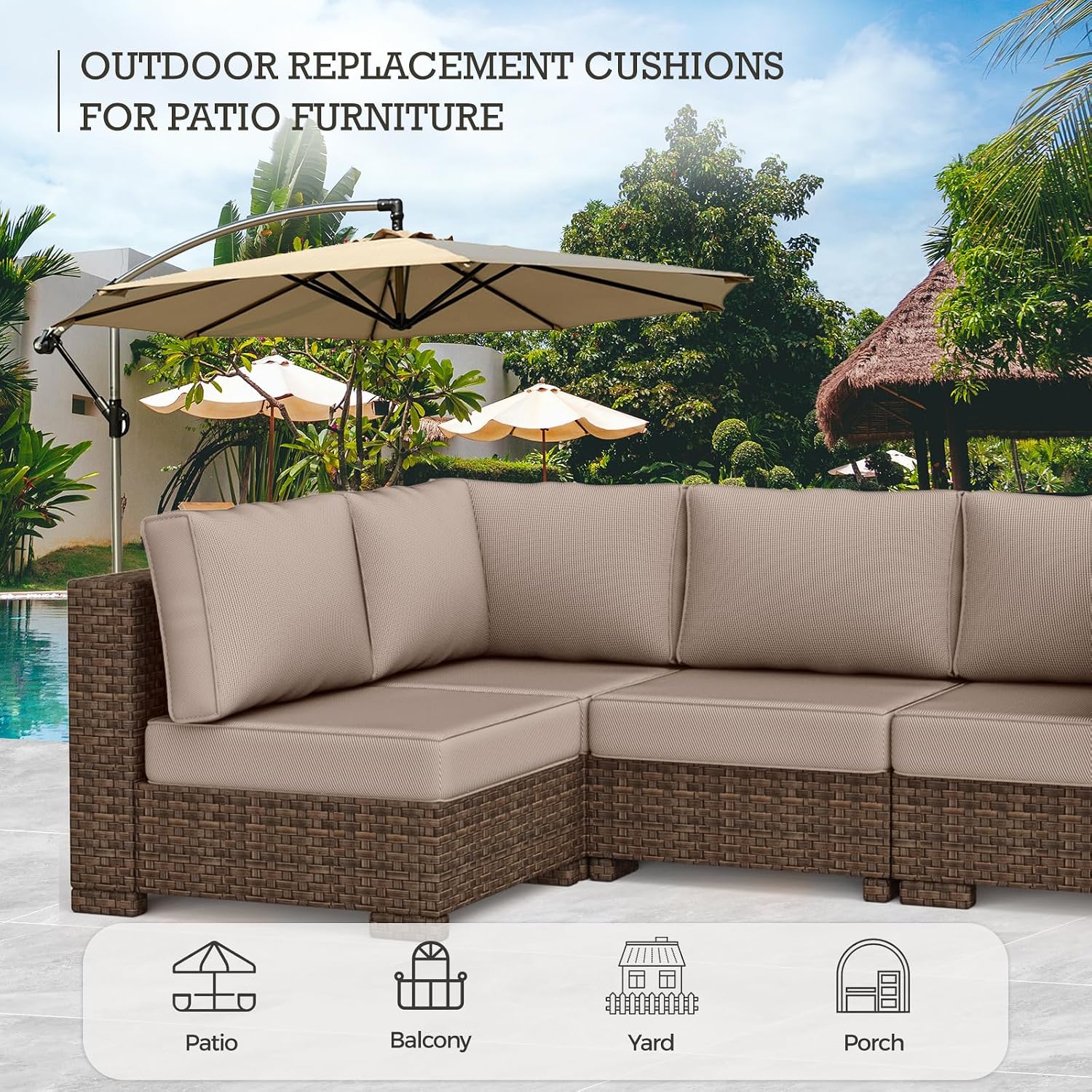 Outdoor Replacement Cushions 14-Piece Waterproof - Patio Furniture Couch Cushions for 6-Seat Sectional Sofa, Durable Outdoor Seat Cushions for Deck, Garden, Backyard (Khaki)