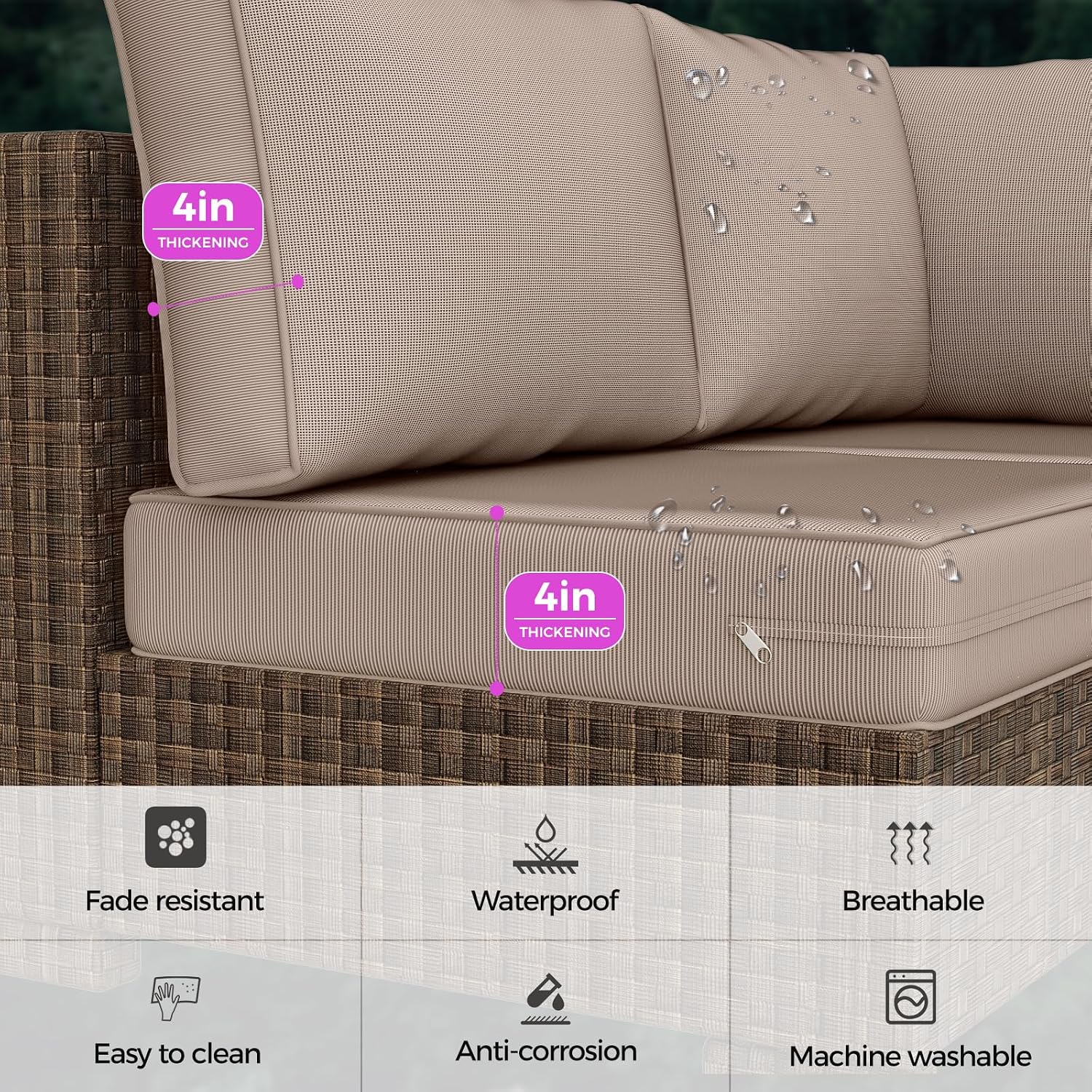 Outdoor Replacement Cushions 14-Piece Waterproof - Patio Furniture Couch Cushions for 6-Seat Sectional Sofa, Durable Outdoor Seat Cushions for Deck, Garden, Backyard (Khaki)