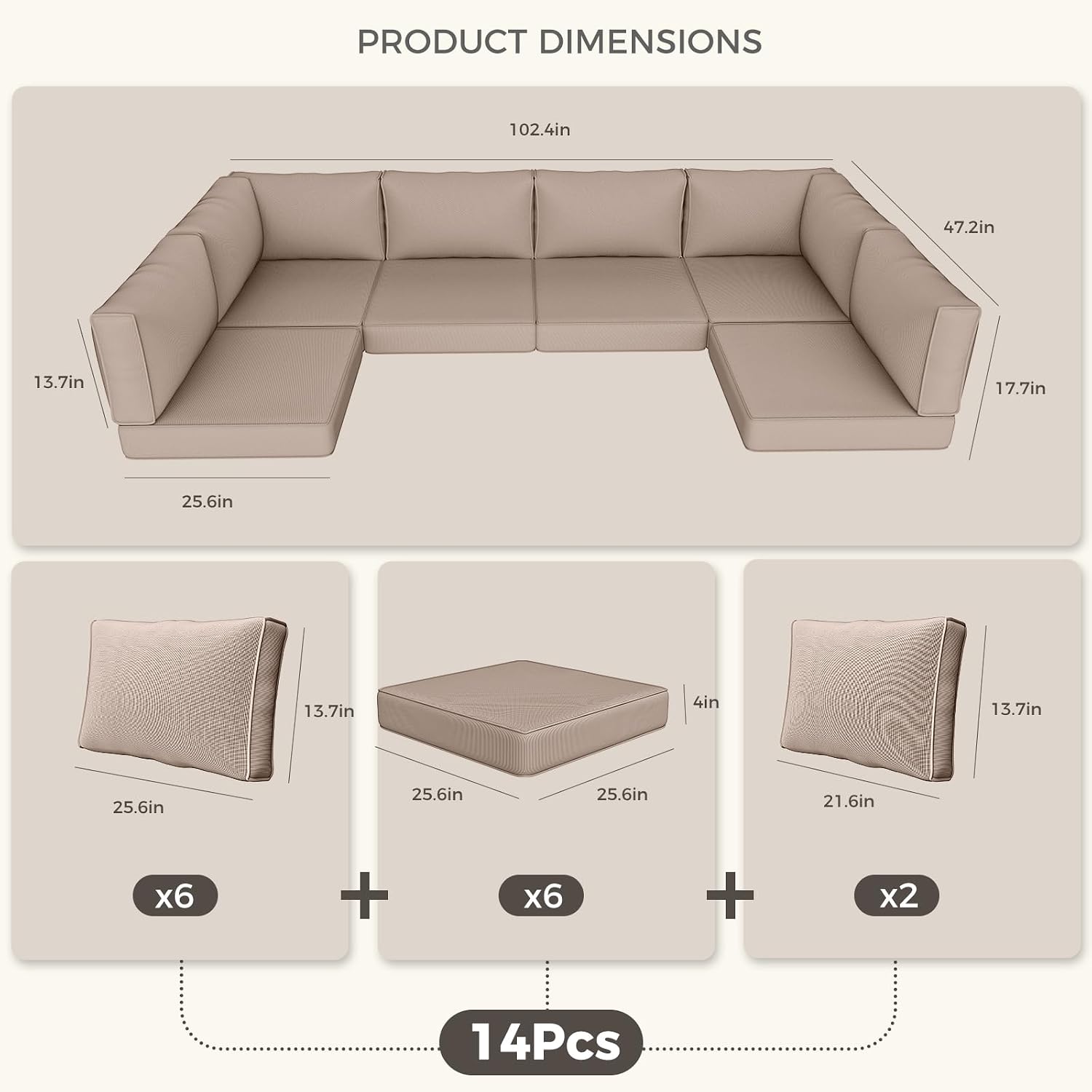 Outdoor Replacement Cushions 14-Piece Waterproof - Patio Furniture Couch Cushions for 6-Seat Sectional Sofa, Durable Outdoor Seat Cushions for Deck, Garden, Backyard (Khaki)